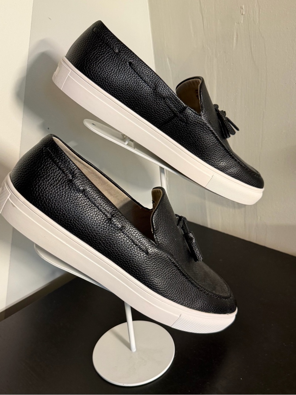 Call It Spring “FOWLER” Black Leather Tassel Slip-On Sneakers with White Sole